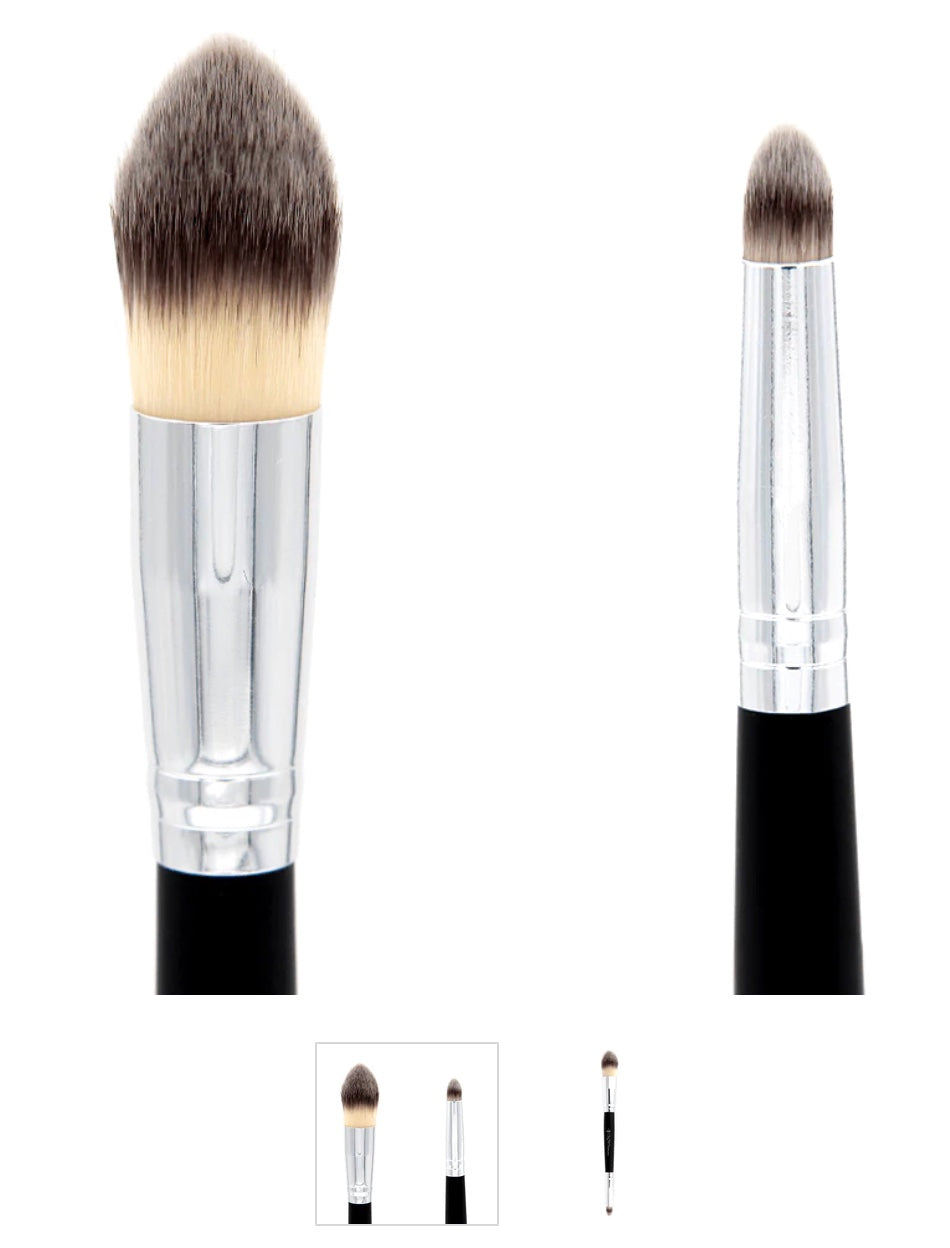 The Deluxe Double Sided Foundation/Concealer Brush is a synthetic bristle brush suitable for liquid, powder, and cream makeup.